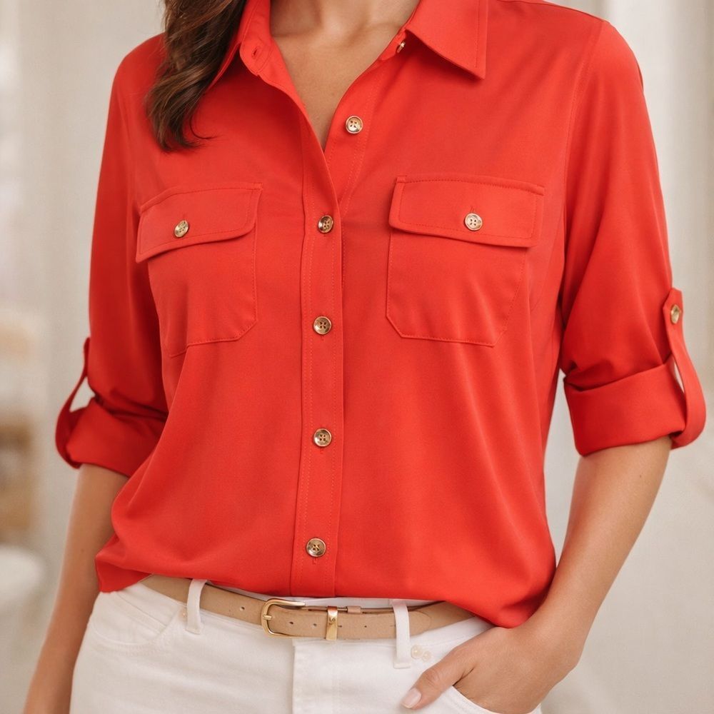 J McLaughlin Coral Button-Down Shirt with Gold Accents